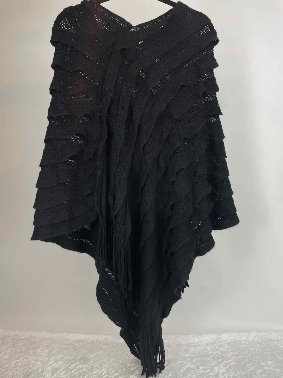 Maxsport Size One Size Black Knit Fringe Detail Poncho