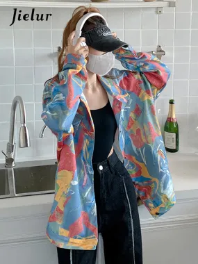 Metaversmall Vintage Ink Painting Cowboy Coat Women Autumn Winter New Fashion Chic Colorful Women's Jacket Ins Trend Denim Shirt S-XL