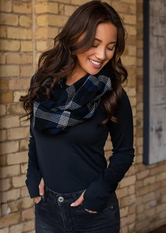 No End In Sight Plaid Infinity Scarf- Black & Navy