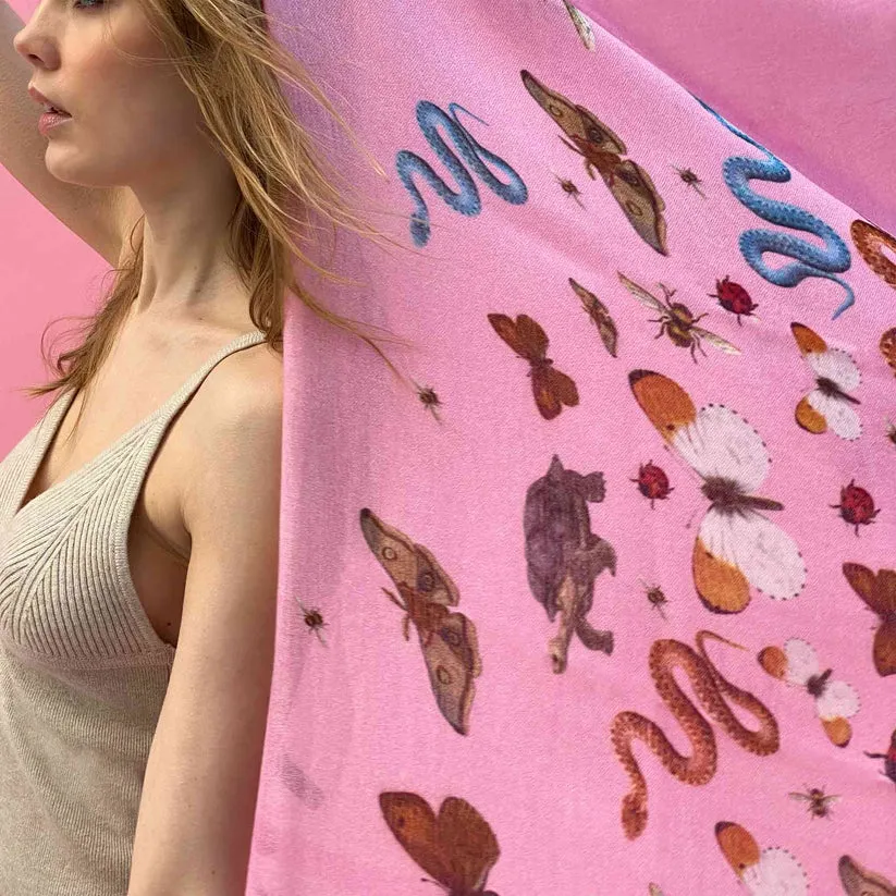 "JUNGLE DANCE" HANDPRINTED SCARF - PINK