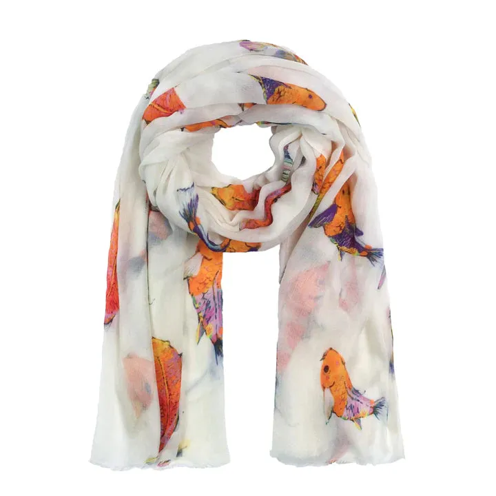 "Koi" Handprinted scarf - off white