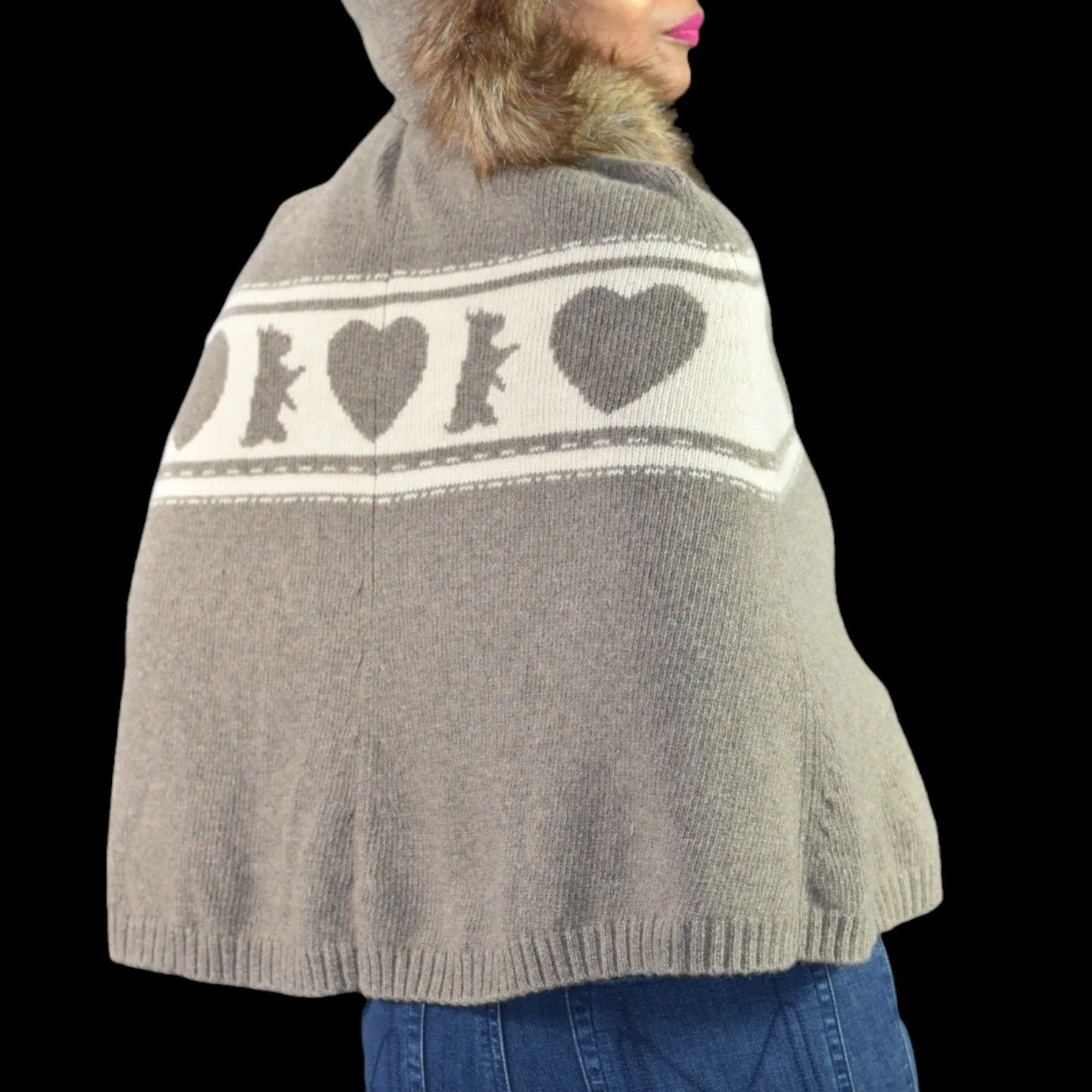 Vintage Juicy Couture PG Wool Cape Brown Sweater Capelet Poncho Knit Hooded Terrier Hearts Size Small