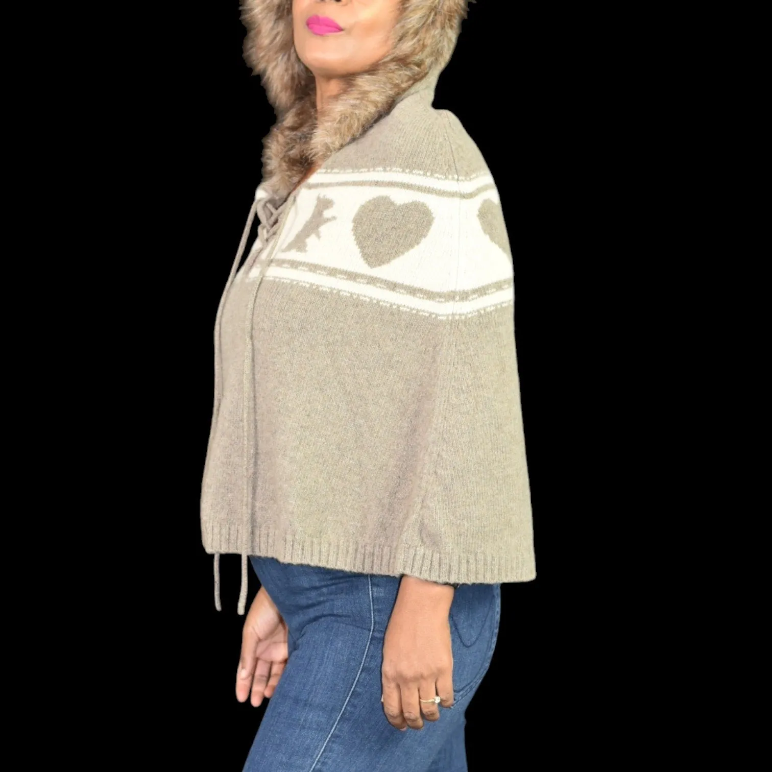 Vintage Juicy Couture PG Wool Cape Brown Sweater Capelet Poncho Knit Hooded Terrier Hearts Size Small