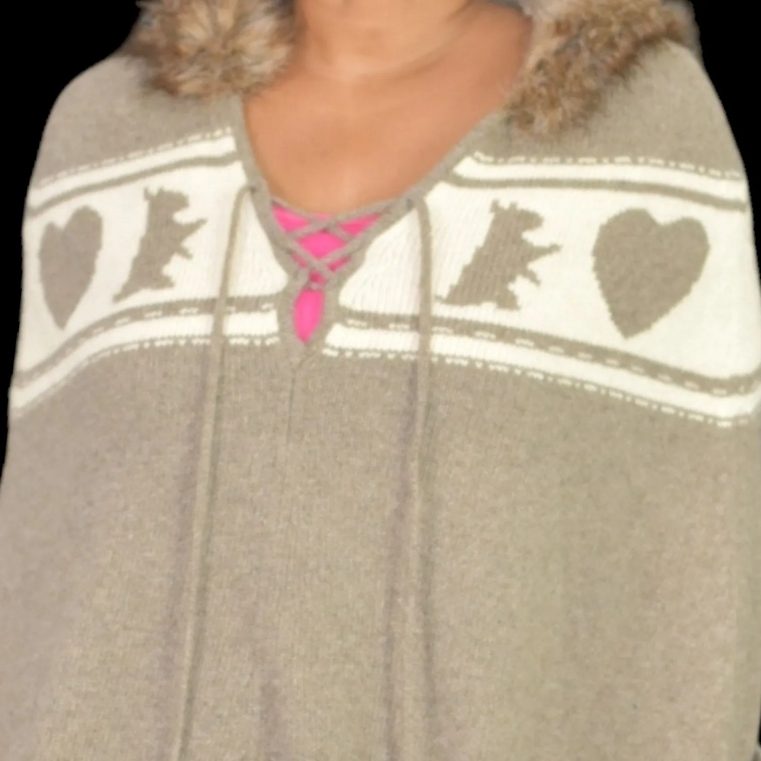 Vintage Juicy Couture PG Wool Cape Brown Sweater Capelet Poncho Knit Hooded Terrier Hearts Size Small