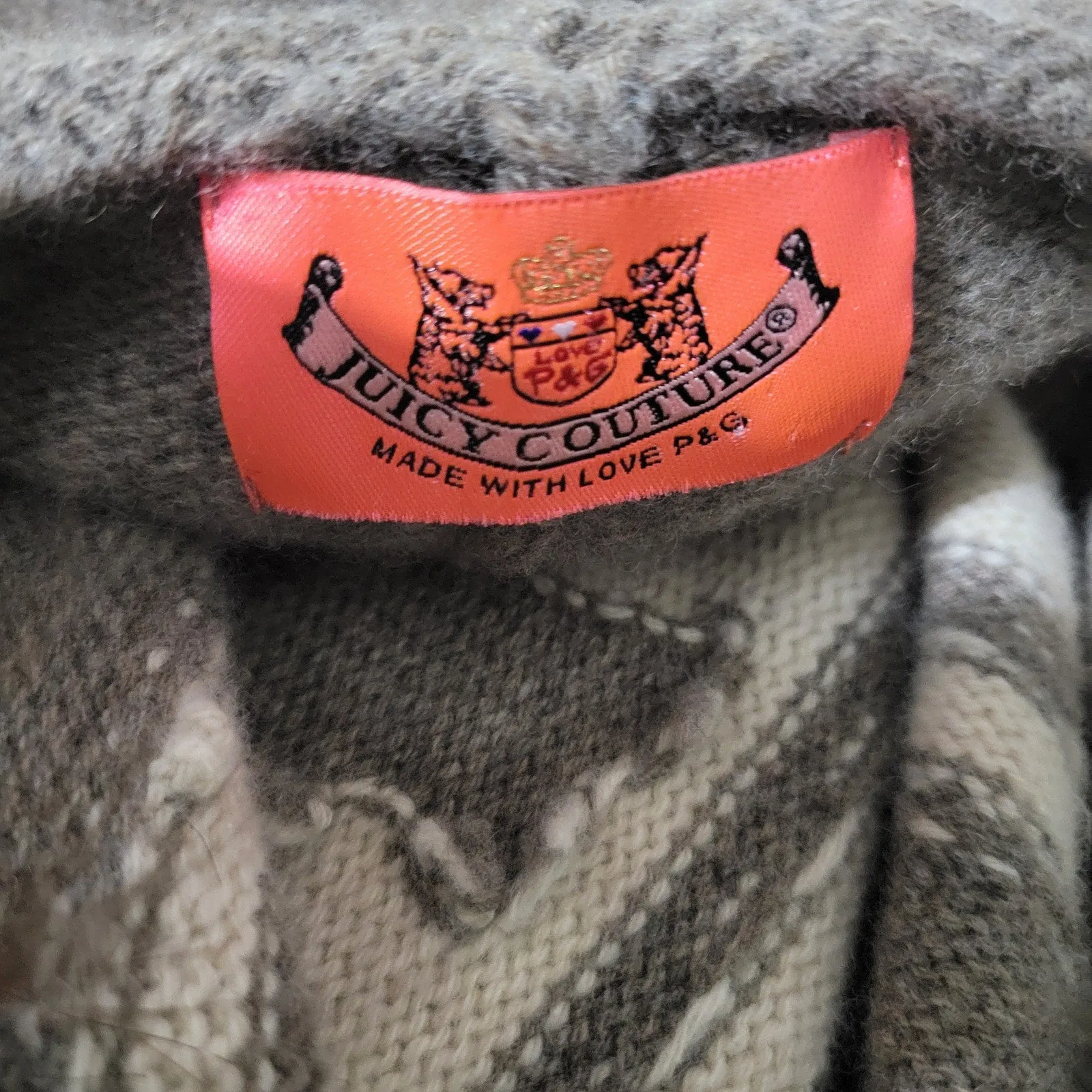 Vintage Juicy Couture PG Wool Cape Brown Sweater Capelet Poncho Knit Hooded Terrier Hearts Size Small