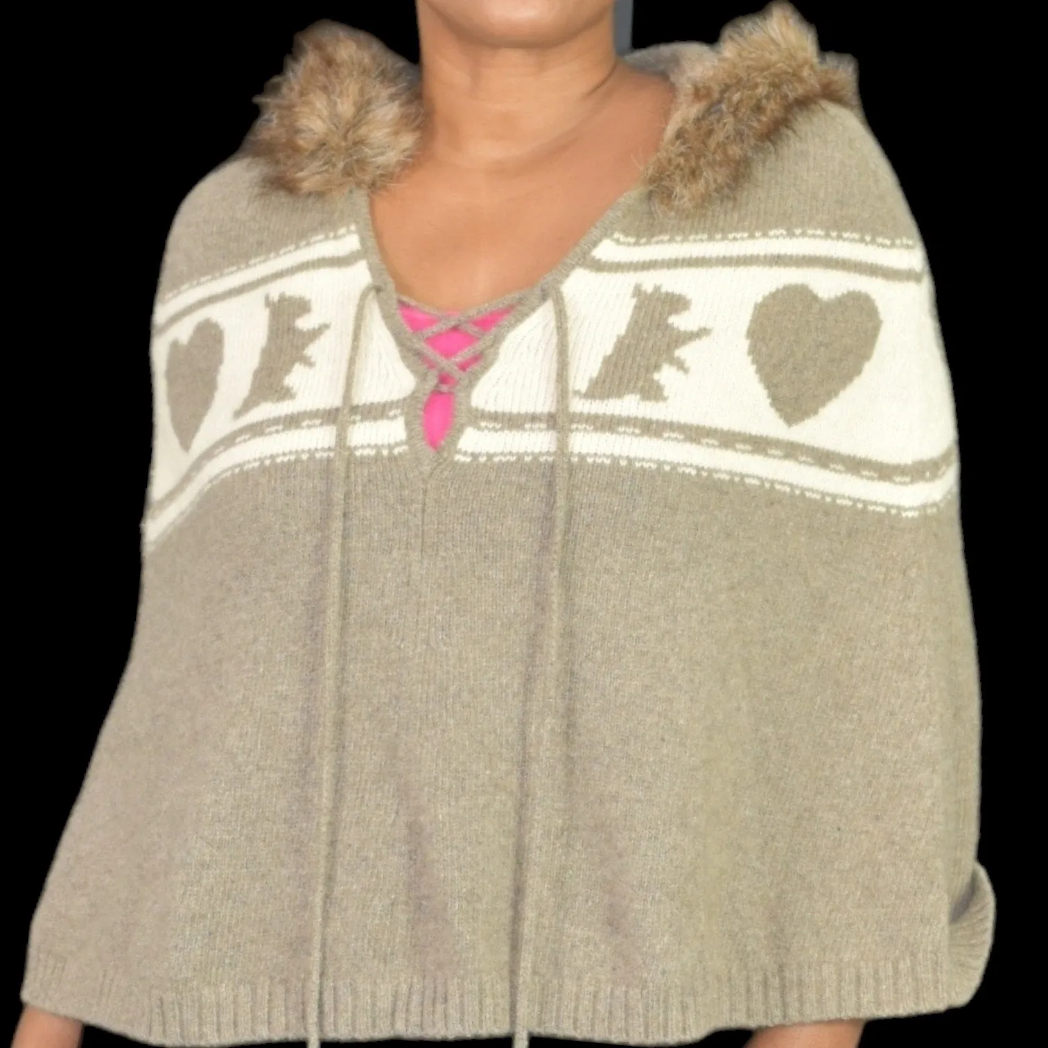 Vintage Juicy Couture PG Wool Cape Brown Sweater Capelet Poncho Knit Hooded Terrier Hearts Size Small